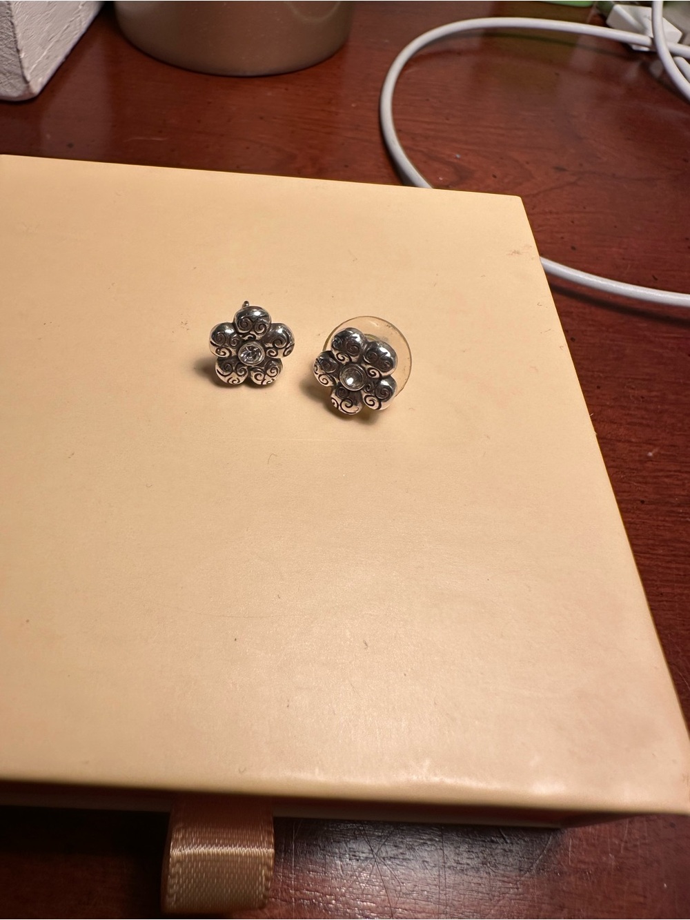Silver Tone Floral Scroll Stud Earrings Clear Rhinestone Center Vintage Style